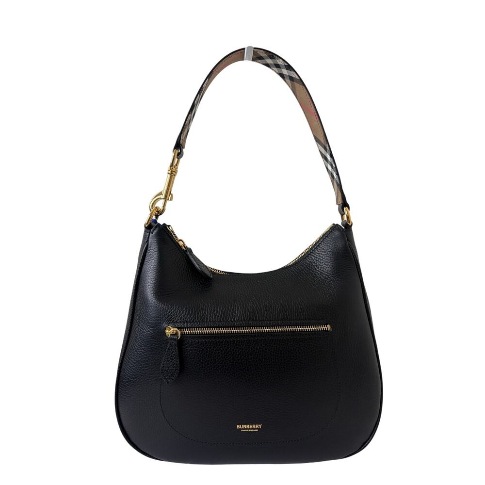 Burberry Black Pebbled Leather with Check Shoulder/hobo bag New - Picture 3 of 10